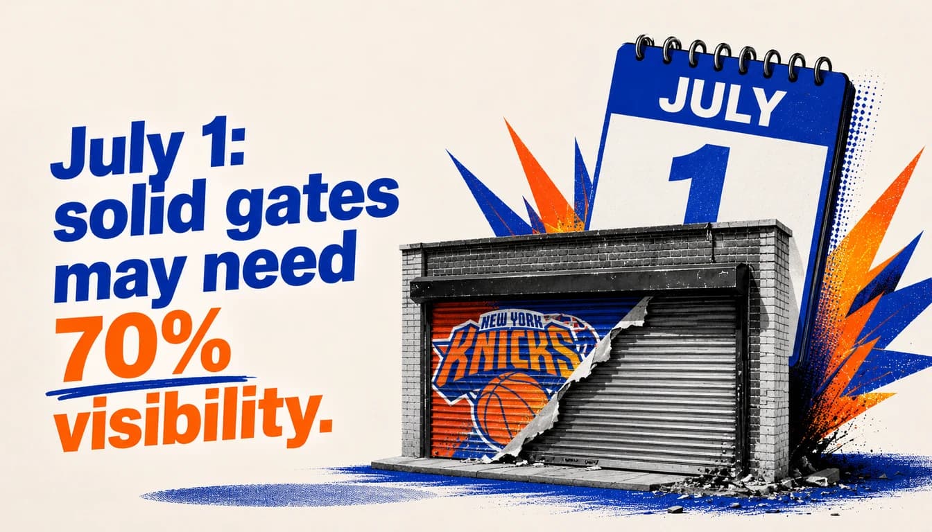 July 1: solid storefront gates may need 70 percent visibility — illustration of a painted roll-down gate and a July 1 calendar