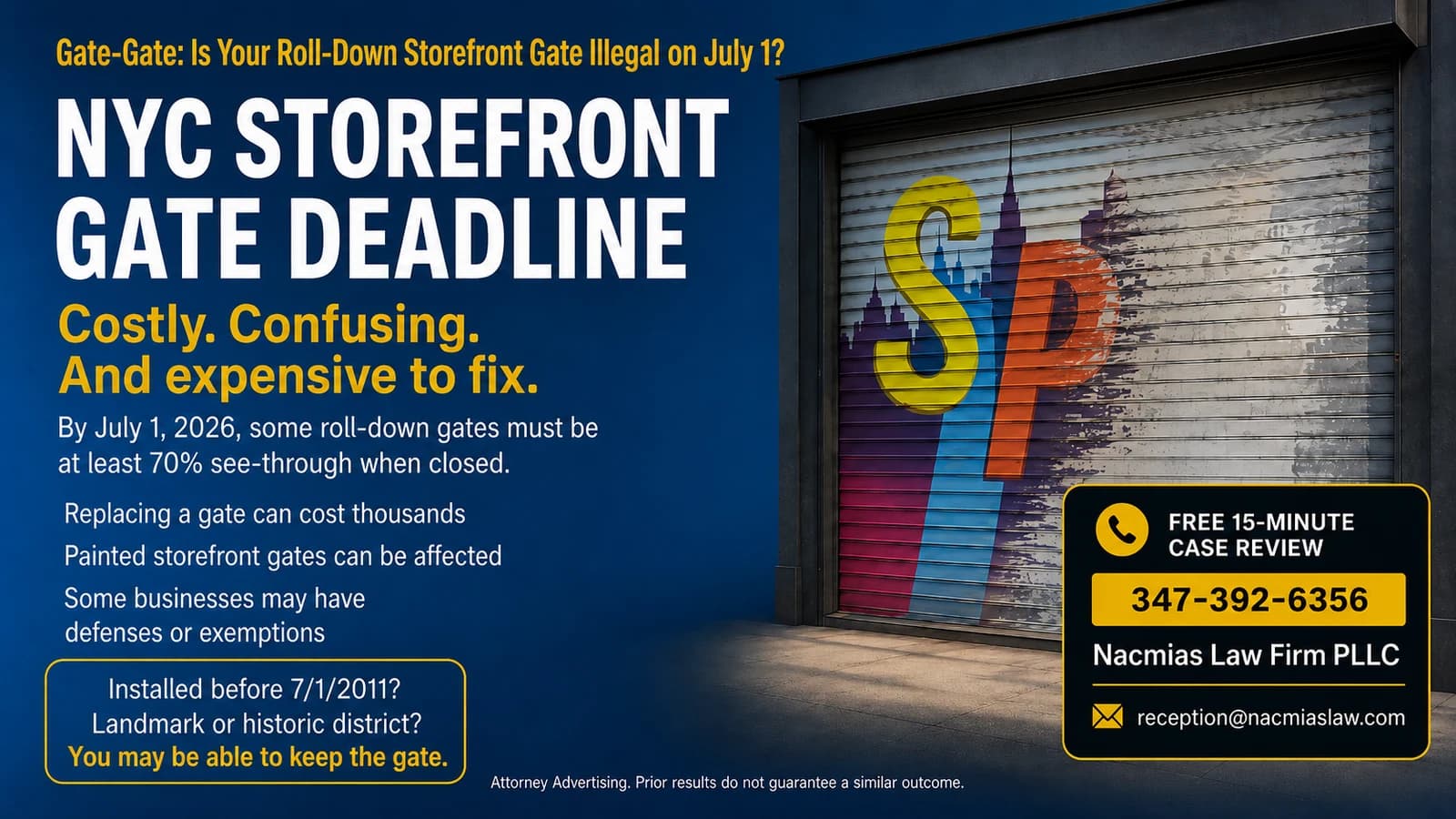 The NYC storefront gate deadline at a glance — by July 1, 2026 some roll-down gates must be 70% see-through; replacement costs thousands; painted gates can be affected; pre-7/1/2011 installation, landmark, or historic-district status may let you keep the gate