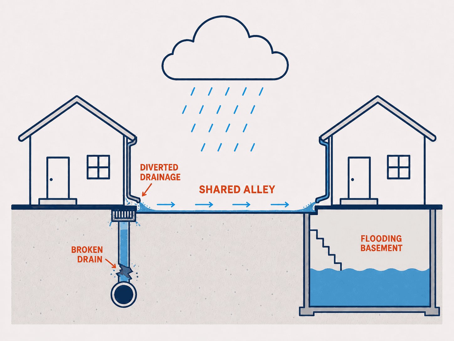 Cross-section diagram: a broken drain and diverted drainage send stormwater across a shared alley toward the neighboring house's flooding basement