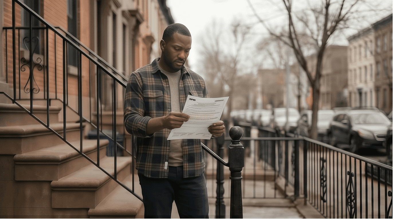 Homeowner reading a notice outside his building