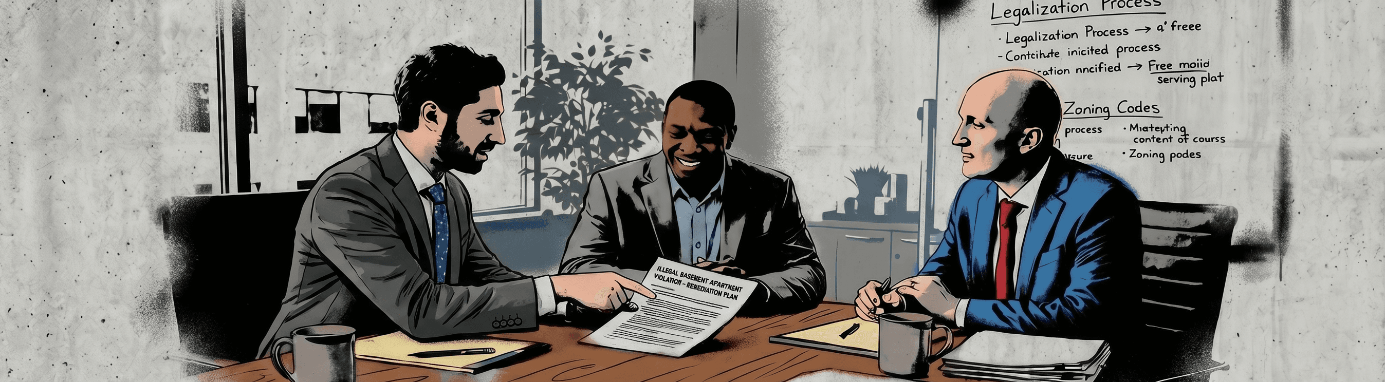 A homeowner reviewing violation paperwork with attorneys at Nacmias Law Firm