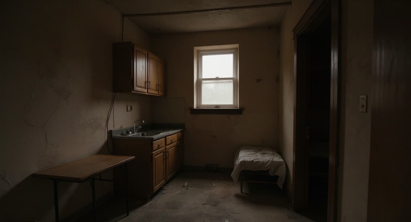 The interior of a small, illegally converted apartment in a NYC house