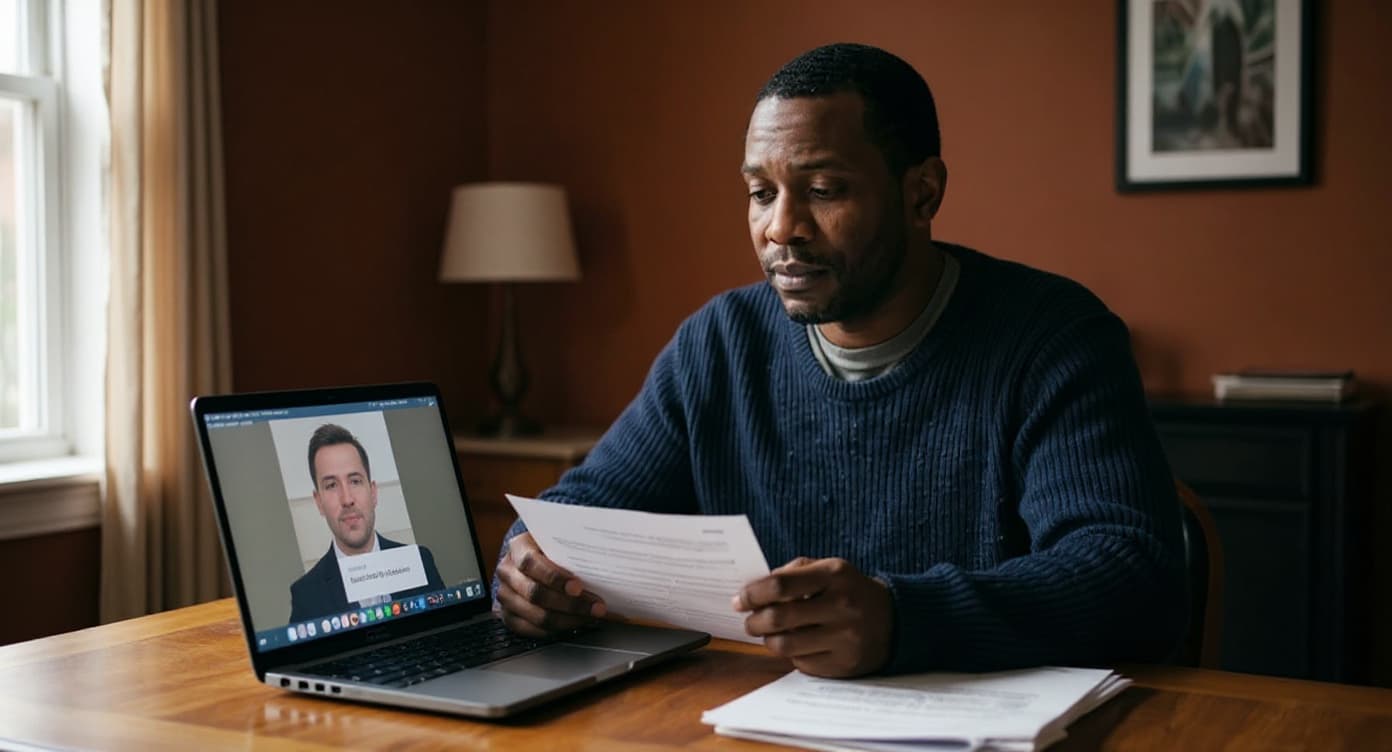 A NYC homeowner attending a remote OATH hearing on a laptop at home