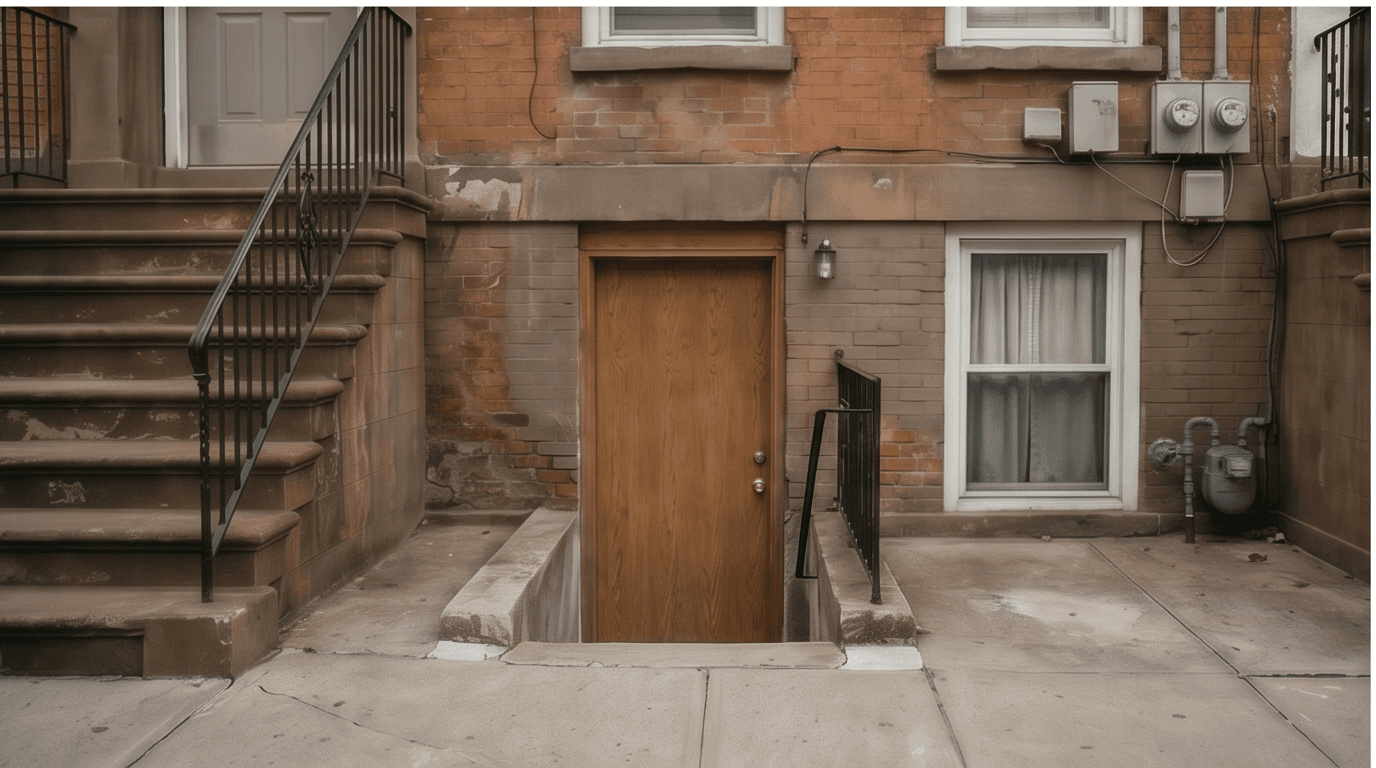 A below-grade illegal basement apartment entrance on a NYC home